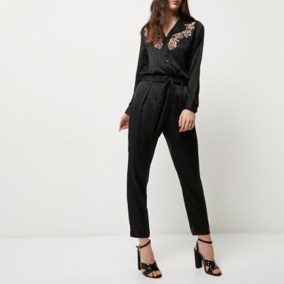 Black jacquard shirt with floral embroidery